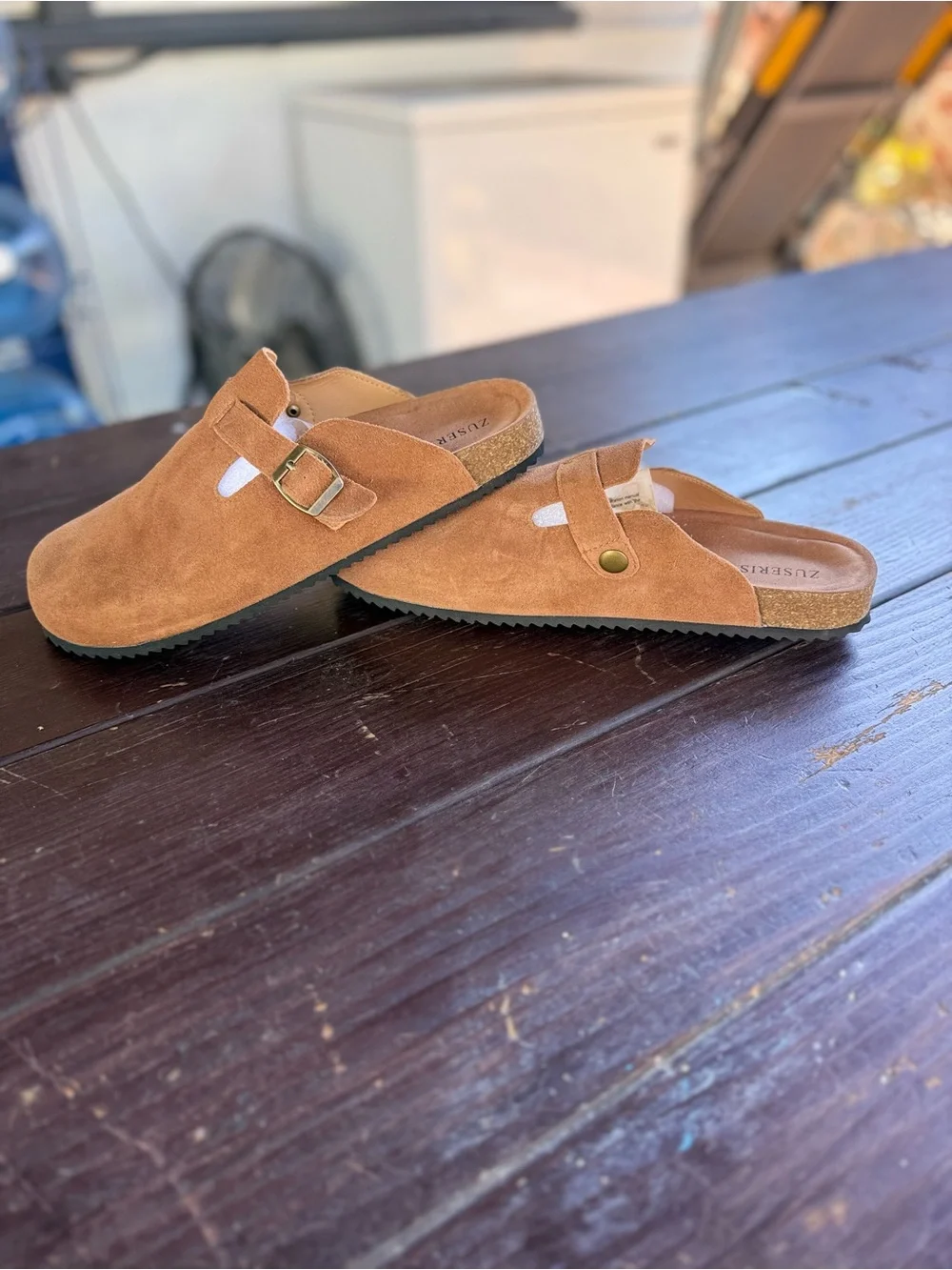 ZUSERIS Men's Suede Leather Cork Clog Slide Slippers Tan Size 46